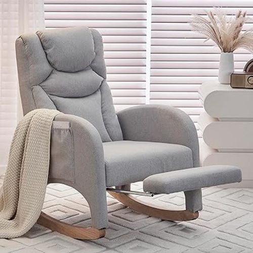 Comfy Rocking Chair Nursery Glider, Upholstered Nursery Chair with Foot Rest, Modern Rocker Chair with Pocket, Accent Armchair with Smooth Rocking Base for Nursing, Reading, Relaxing (Light Gray)