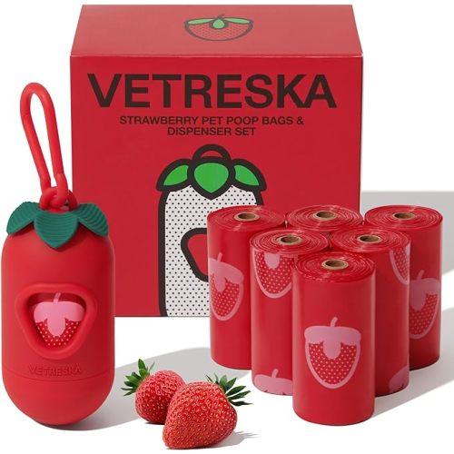 VETRESKA Dog Poop Bag Dispenser with Strawberry Scented Bags, 105 Counts | Leak Proof and Extra Thick Pet Waste Bags, 1 Poop Bag Holder and 7 Rolls for Dog Walking and Cats Litter