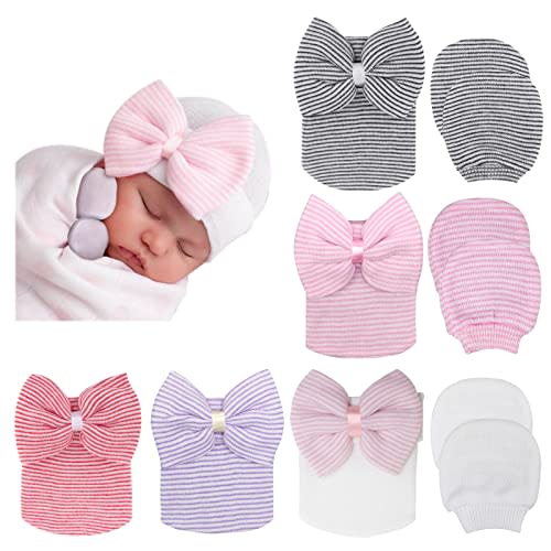 BQUBO Newborn Baby Caps Mittens for Baby Girls Baby Hats Scratch Mitten Gloves Set Soft Hospital Hat Infant Hats with Bow