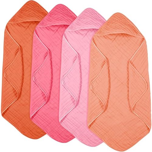 Peryiter 4 Pcs Muslin Hooded Baby Towels 32x32inch Cotton Newborn Bath Essentials Muslin Infant Blankets Absorbent Registry for Babies Girl Boy Toddler Kids (Rainbow Colors)