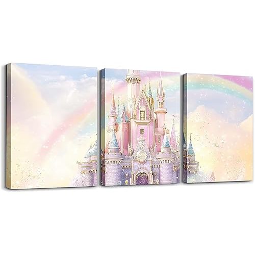 Feelyou Kids Castle Picture Wall Decor Glitter Castle Canvas Wall Art for Living Room Bedroom Fariy Tale 3 PCS Wall Painting Kids Boys Girls Kawaii Room Decor 12" x 16" 3 Piece