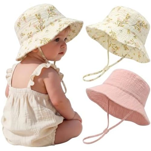 2 Pack Muslin Baby Sun Hat Bucket Hats with Wide Brim Adjustable Beach Hat for Boys Girls