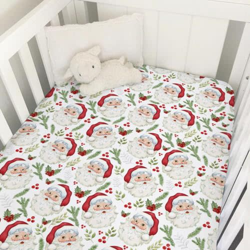 Cute Santa Claus Baby Crib Sheet 52''x28'' Christmas Cherry Fir Leaves Stretchy Fitted Crib Mattress Cover for Boy Girl Winter Holiday Soft Nursery Bed Sheets for Standard Crib and Toddler Mattress