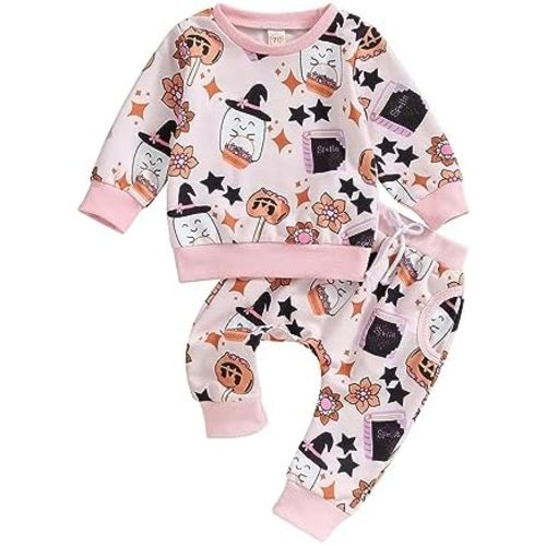 YINGISFITM Halloween Baby Girl Clothes Spooky Ghost Sweatshirt Long Sleeve Shirt Top Pants Fall Toddler Halloween Outfit Girl