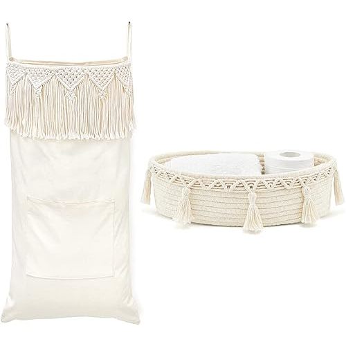 Mkono Macrame Hanging Laundry Hamper and Small Macrame Storage Basket for Toilet Tank Top Boho Bathroom Decor for Bedroom Living Room Nursery, Ivory, Set of 2