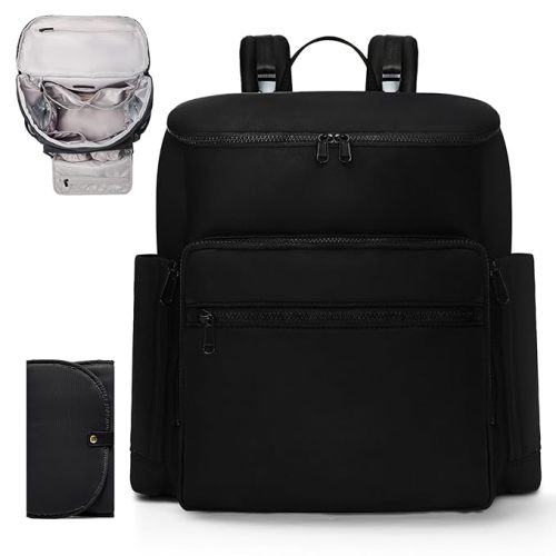 Diaper Bag Backpack, Neoprene Bag Backpack, Large Diaper Backpack with 16 Diaper Bag Organizers, 4 Insulated Pockets, Lighweight Travel Baby Bag with Changing Pad for Mom & Dad, Black