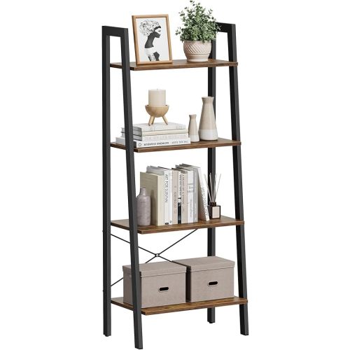 VASAGLE Ladder Shelf, 4-Tier Bookshelf, Storage Rack, Bookcase with Steel Frame, for Living Room, Home Office, Kitchen, Bedroom, Industrial Style, Rustic Brown and Black ULLS44X