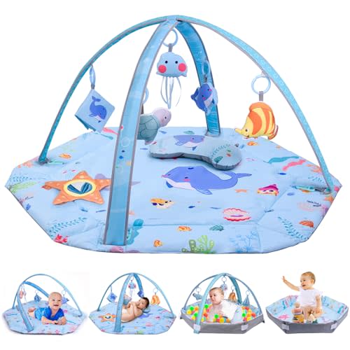 Bellababy Tummy Time Mat, Baby Gym Activity Play Mat & Ball Pit, Adjustable Arches, with 6 Detachable Toys for Stage-Based Sensory & Motor Skill All Development, Newborn Baby Essentials