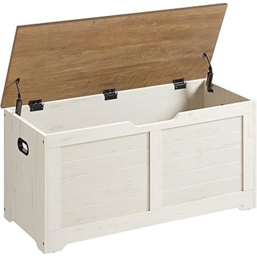 VASAGLE Storage Chest, Storage Bench with 2 Safety Hinges, Farmhouse Style, 15.7 x 39.4 x 18.1 Inches, for Entryway, Bedroom, Living Room, Honey Brown and Rustic White ULSB061WJ02S