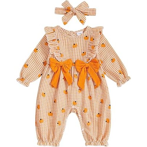 Newborn Baby Girl Halloween Outfit Doll Collar Pumpkin Jumpsuit Romper Ruffle Sleeve Bodysuit Long Overalls with Bow