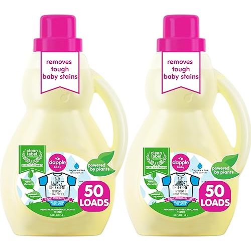 Dapple Baby Laundry Detergent by Baby, Concentrated & Hypoallergenic, Powered by Plants, Stain Removing Natural Ingredients, Fragrance Free, 50 Fl Oz (Pack of 2)