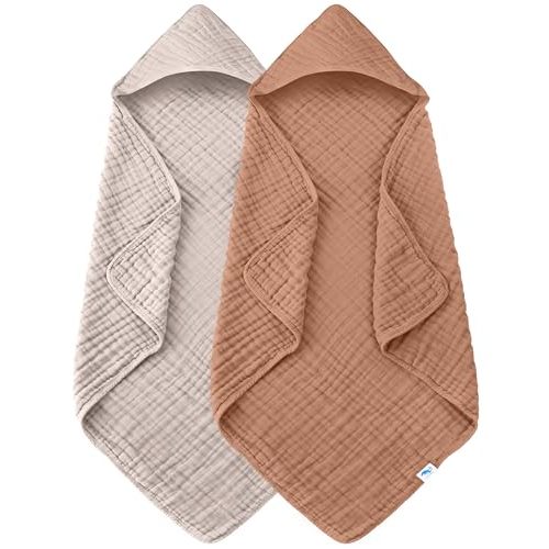 SWEET DOLPHIN Muslin Hooded Baby Bath Towels - 2 Pack 100% Cotton Towel for Babies, Infants, Toddlers - 32x32Inch - Highly Absorbent and Newborn Essential, Light Bean Paste