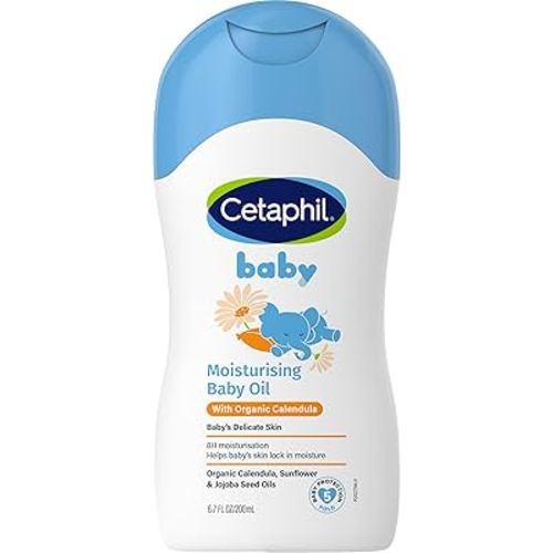 Cetaphil Baby Moisturising Oil with Organic Calendula, 200mL, 8 Hour Hydration, For Face and Body, Paraben Free, Dermatologist Tested