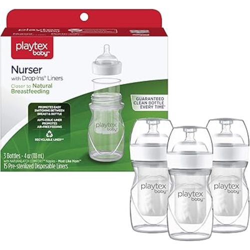 Diaper Genie Playtex Baby Nurser Bottle with Pre-Sterilized Disposable Drop-Ins Liners, Closer to Breastfeeding, 4 Ounce Bottles, 3 Count