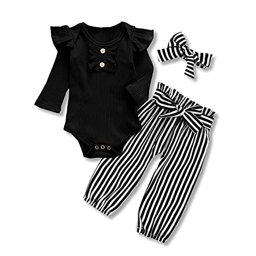 Kislio Newborn Baby Girls Clothes Ribbed Ruffled Romper+Floral Pants+Headband Infant Outfit Set