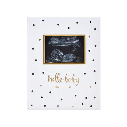 Pearhead Hello Baby First 5 Years Memory Book, Gender-Neutral Baby Keepsake for New and Expectant Parents, Pregnancy And Milestone Journal, Modern Minimalist Black and Gold Polka Dot