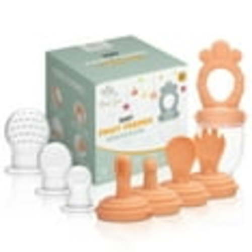 Minie Joo 7-in-1 Baby Food Feeder & Teether | 3 Pacifier Pouches | Infant Teething Toy & Self-Feeding Set(Orange)