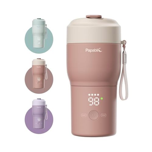 Papablic Pro Portable Bottle Warmer for Travel– Fast Heating, Steam Sterilizer, 30W Fast Charge, 5-Temp Control, Easy-Clean Wide Mouth, Baby Milk Warmer for Breastmilk & Formula, Almond Rose