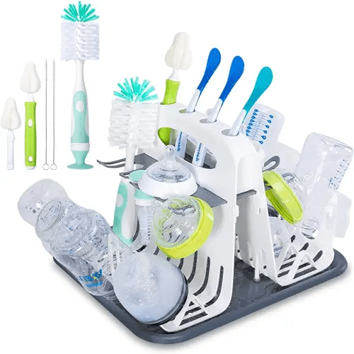 CAREBABYMORE High Capacity Drying Rack with 5pcs Brushes, Deluxe Countertop Drying Rack, Universal Drying Station, Baby Bottle Drying Rack with Bottle Brushes, Cup and Bottle Drying Rack, White