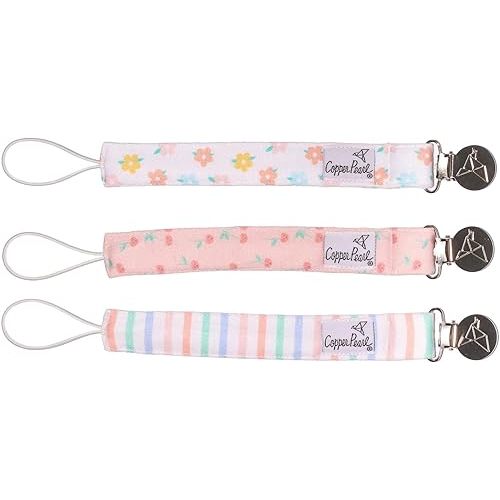 Copper Pearl Pacifier Clip 3-Pack: Premium Knit Binky Clips for Baby Girls and Boys - Stylish Stainless Steel Pacifier Holder Clip - Cheery