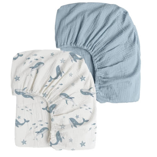 Konssy Muslin Crib Sheets 2 PCS, 100% Cotton Baby Crib Sheets for Standard Crib Mattress (28"x 52"), Soft and Breathable for Boys, Girls (Blue Whale,Blue)