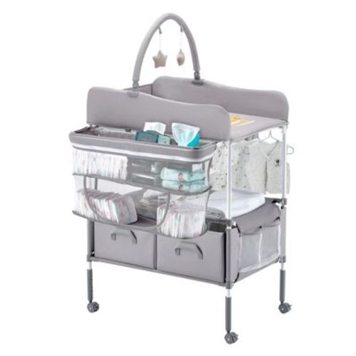 Yinvani Foldable Baby Changing Table with 2 Fabric Drawers, Side Basket & Hanging Rod, Adjustable Height, Lockable Wheels