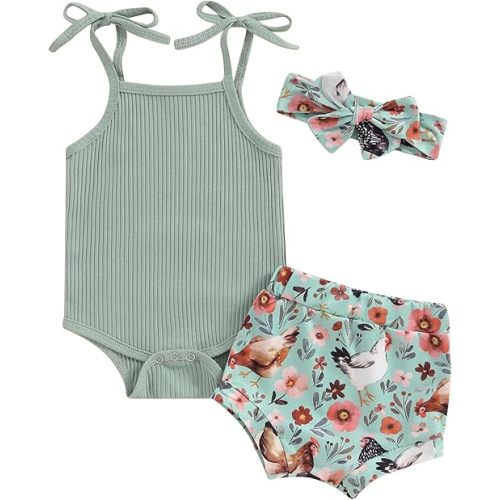 Kuriozud Newborn Infant Baby Girl 2 Piece Summer Outfits Tank Romper Top + Ruffle Bloomer Shorts Set Clothes