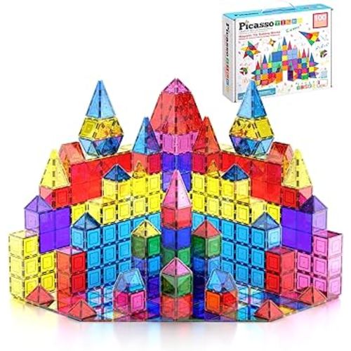 PicassoTiles 100 Piece Magnetic Playboards Tiles Set Magnet Toys for Toddlers STEM Building Blocks Sensory Creative Kids Manipulative Preschool Learning Construction Toy Ages 3+ Boys Girls - PT100