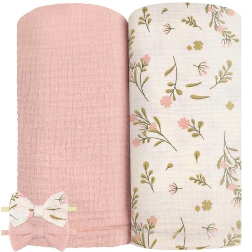2 Pack Muslin Swaddle Blankets and Headbands for Baby Boys Girls Receiving Blanket for Newborn 47 x 47 inches Soft Breathable Swaddle Blanket Wrap