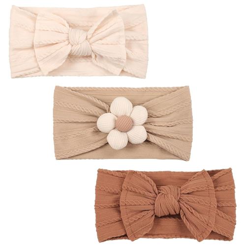 3 Pcs Bow Baby Headbands Flower Baby Girls Nylon Headband Stretchy Soft Hairbands Hair Accessories for Newborn Infant Toddlers Kids Preemie Essentials (Beige, Khaki, Brown, One Size)