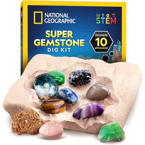 NATIONAL GEOGRAPHIC Super Gemstone Dig Kit - Excavation Gem Kit with 10 Real Gemstones for Kids, Discover Gems with Dig Tools & Magnifying Glass, Science Kits for Kids Age 8-12, Crystals for Kids