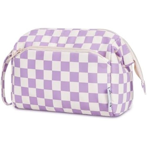 Narwey Checkered Makeup Bag Women Wide-open Make up Bag Travel Cosmetic Bag Organizer Toiletry Bag for Cosmetics Toiletries Accessories (Purple Checkerboard)