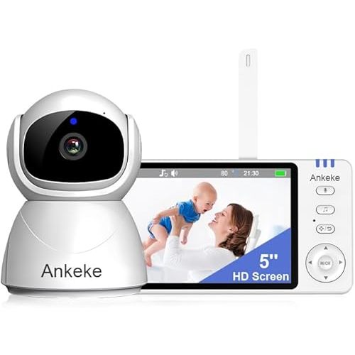 5" Video Baby Monitor with Camera and Audio, 720P HD Wireless No WiFi No App, 2-Way Talk,Voice Motion Detection, 8 Lullabies, 1000ft Long Range, Night Vision, Temperature & Feeding Alarm, 355° PTZ