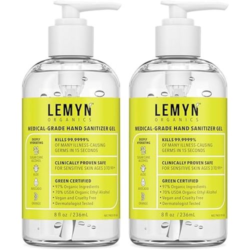 Lemyn Organics Medical‑Grade Hand Sanitizer Gel – 97 % Organic | 70 % USP Ethyl Alcohol | Moisturizing Aloe + Hyaluronic Acid | Freshly Made in USA | 8oz Bottle with Pump (PACK OF 2)