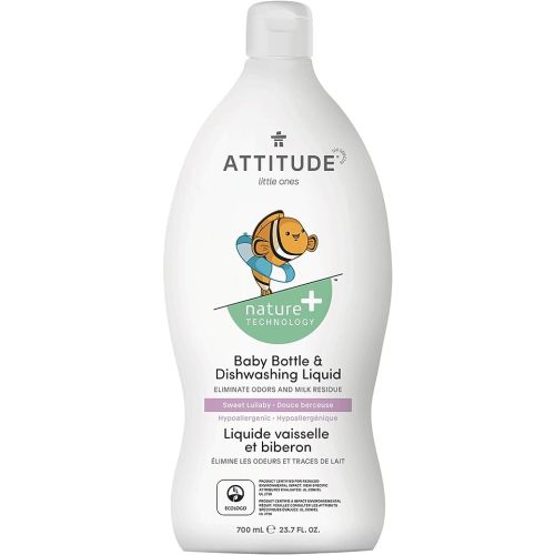 ATTITUDE Baby Dish Soap and Bottle Cleaner, EWG Verified Dishwashing Liquid, No Added Dyes or Fragrances, Tough on Milk Residue and Grease, Vegan, Sweet Lullaby, 23.7 Fl Oz