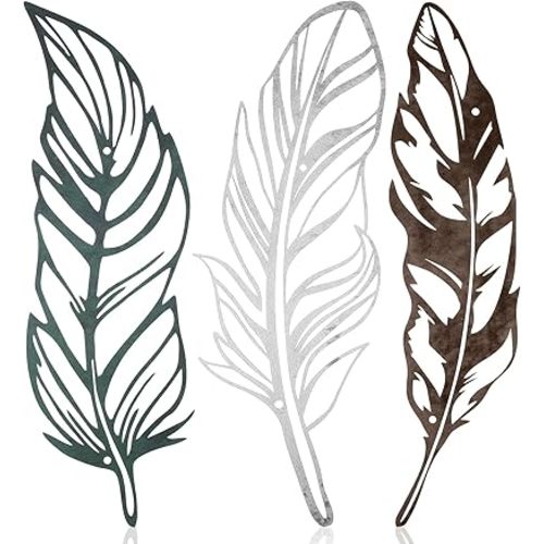 Hotop 3 Pieces Metal Feather Wall Decor Large Rustic Feather Decor Distressed Metal Wall Sculpture Laser Cut Hanging Decors for Home Kitchen, Retro White, Turquoise, Old Copper Color