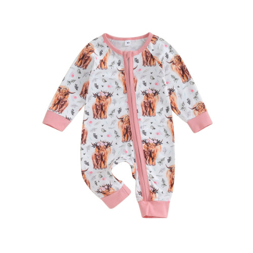 Baby Boy Girls Western Clothes Cow Print Long Sleeve Romper Zipper Jumpsuit One Piece Cute Fall Winter Outfits 0-12M