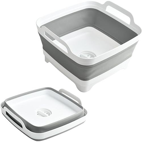 Collapsible Dish Basin Foldable Kitchen Sink With Drain Plug Plastic Laundry Tub 9L/2.4Gal RV & Camping Wash Basin Space-Saving Cleaning Bucket (Gray)