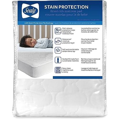 Sealy Baby Stain Protection Waterproof Fitted Toddler Bed and Baby Crib Mattress Pad Cover Protector, Noiseless, Machine Washable and Dryer Friendly 52" x 28" - White