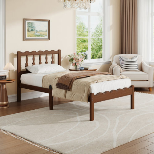 Walnut Finish Solid Wood Twin Bed Frame With Wavy Headboard, No Box Spring Needed, Bamboo & Metal | Wayfair