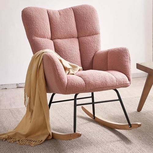 Virabit Rocking Chair Nursery,High Backrest Teddy Nursery Rocker, Modern Accent Recliner for Living Room, Bedroom, Cozy Reading,Pink - Ping