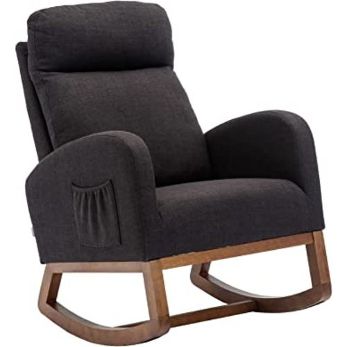Dolonm Nursery Rocking Chair Upholstered Rocker Glider Comfy Rocking Accent Chair Padded Seat with High Backrest Armchair Side Chair for Living Room Bedroom Baby Room, Black