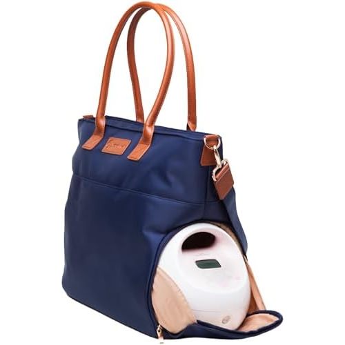 Abby Breast Pump Tote with Real Leather Straps – Stylish Pumping Bag with Insulated Pockets, Laptop Storage & Easy-Clean Interior – Professional Breast Pump Bag for Work & Travel (Navy)