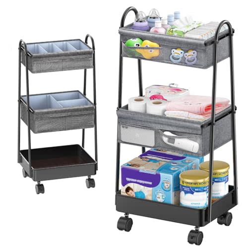 Modanais 3 Tier Rolling Cart - Baby Diaper Caddy Organizer, 3 Tier Utility Cart Newborn Baby Nursery Essentials, Large Capacity, Easy to Assemble, Storage for Bedroom, Changing Table & Crib