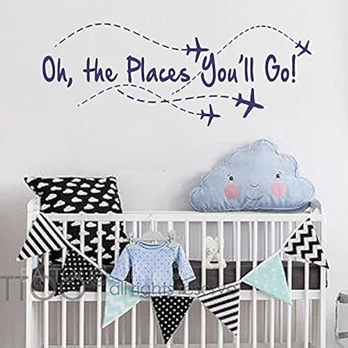 BATTOO Airplane Wall Decal - Oh The Places You'll Go - Pilot Quote - Boy & Girl Decor (Navy Blue, 22" W x 8.5" H)