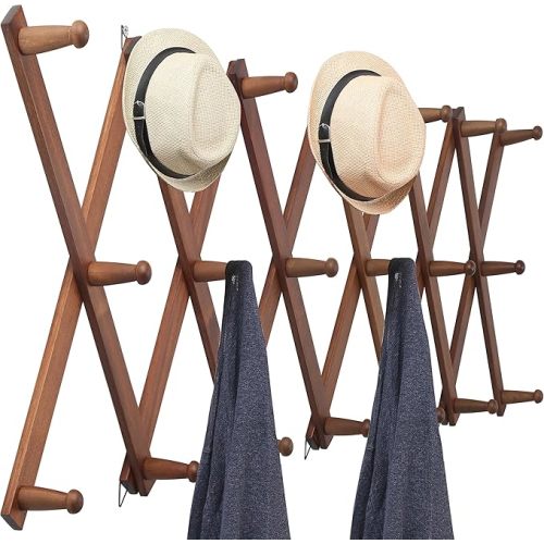 WEBI Accordion Wall Hanger,Expandable Wooden Coat Rack Wall Mounted,Accordion Hat Rack for Wall,Accordion Hook Rack for Hats,Caps,20 Peg Hooks,Walnut Color