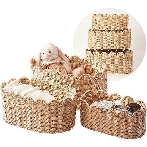 Scalloped Basket Set of 3, Wicker Storage Baskets - Hand-Woven Paper Rope Nursery Organizer for Diaper Caddy, Baby Toys & Shelves, Natural (16x10x7 Inch)