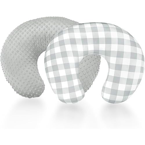2 Pack Nursing Pillow Covers, DAYEEBALL Removable Nursing Covers for Breastfeeding Pillows, Stretchy and Soft Breastfeeding Pillow Slipcover for Baby Girls Boys Newborn (Grey, Grey Checkerboard)