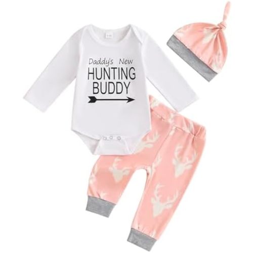 Baby Boy Girl Hunting Outfits Long Sleeve Daddy's Future Hunting Buddy Romper Deer Pants Hat Coming Home Outfit