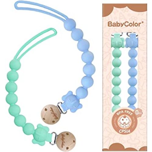 Silicone Pacifier Clip, One Piece Pacifier Clip Holder for Baby Boys Girls, 2 Pack Flexible Pacifier Clips, Wooden Clips Design, Soother Binky Teething Ring Pacifier Clip Holder(Mint Green+Light Blue)